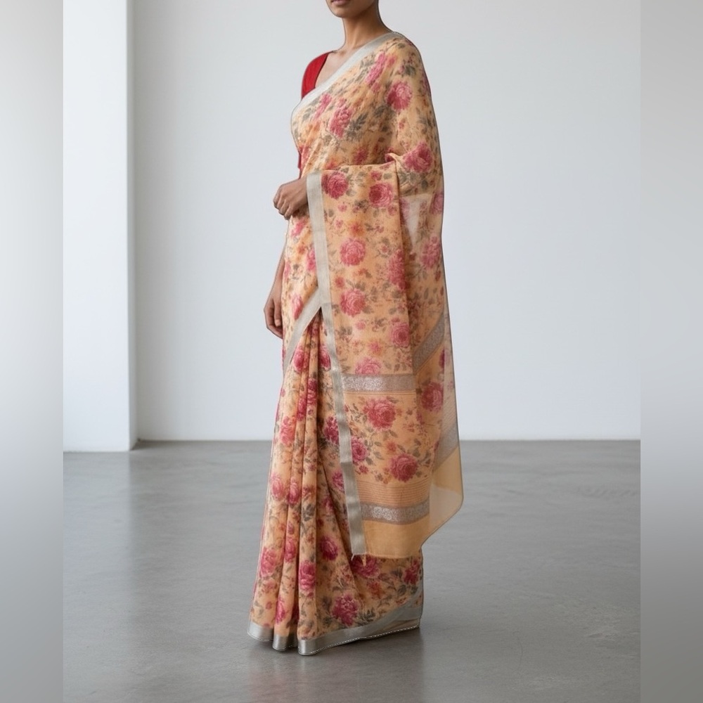 Nwots Floral Peach & Red Saree Fabric